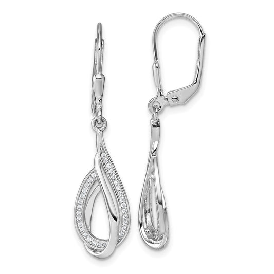 QG7140E Sterling Silver Rhodium-plated CZ Polished Tear Drop Swirl Leverback Earrings