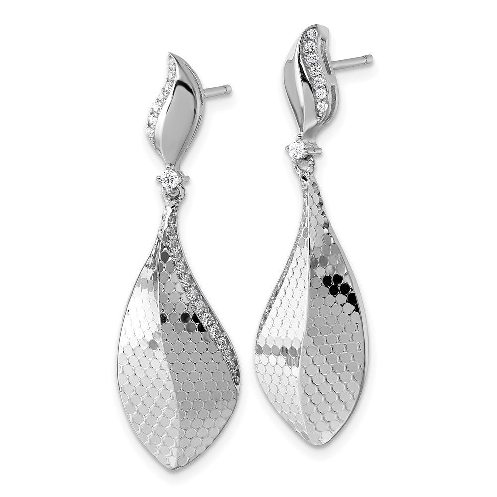 QG7142E Sterling Silver Rhodium-plated CZ Polished Textured Abstract Tear Drop Dangle Post Earrings