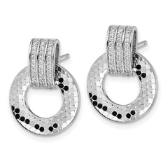 QG7143E Sterling Silver Rhodium-plated CZ Polished Textured Moveable Circle Doorknocker Dangle Post Earrings