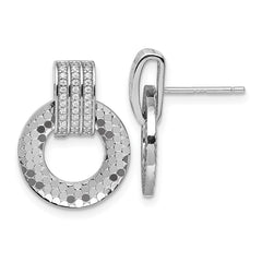 QG7143E Sterling Silver Rhodium-plated CZ Polished Textured Moveable Circle Doorknocker Dangle Post Earrings