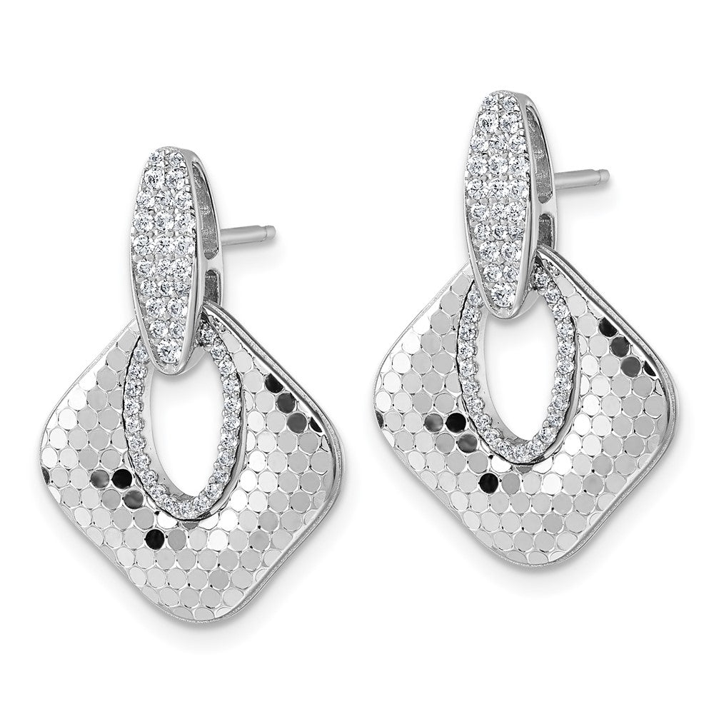 QG7144E Sterling Silver Rhodium-plated CZ Polished Textured Doorknocker Dangle Post Earrings