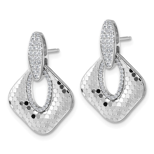 QG7144E Sterling Silver Rhodium-plated CZ Polished Textured Doorknocker Dangle Post Earrings