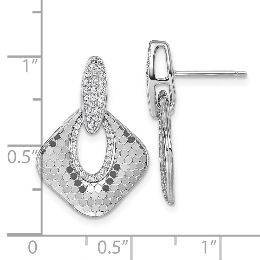 QG7144E Sterling Silver Rhodium-plated CZ Polished Textured Doorknocker Dangle Post Earrings