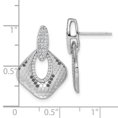 QG7144E Sterling Silver Rhodium-plated CZ Polished Textured Doorknocker Dangle Post Earrings