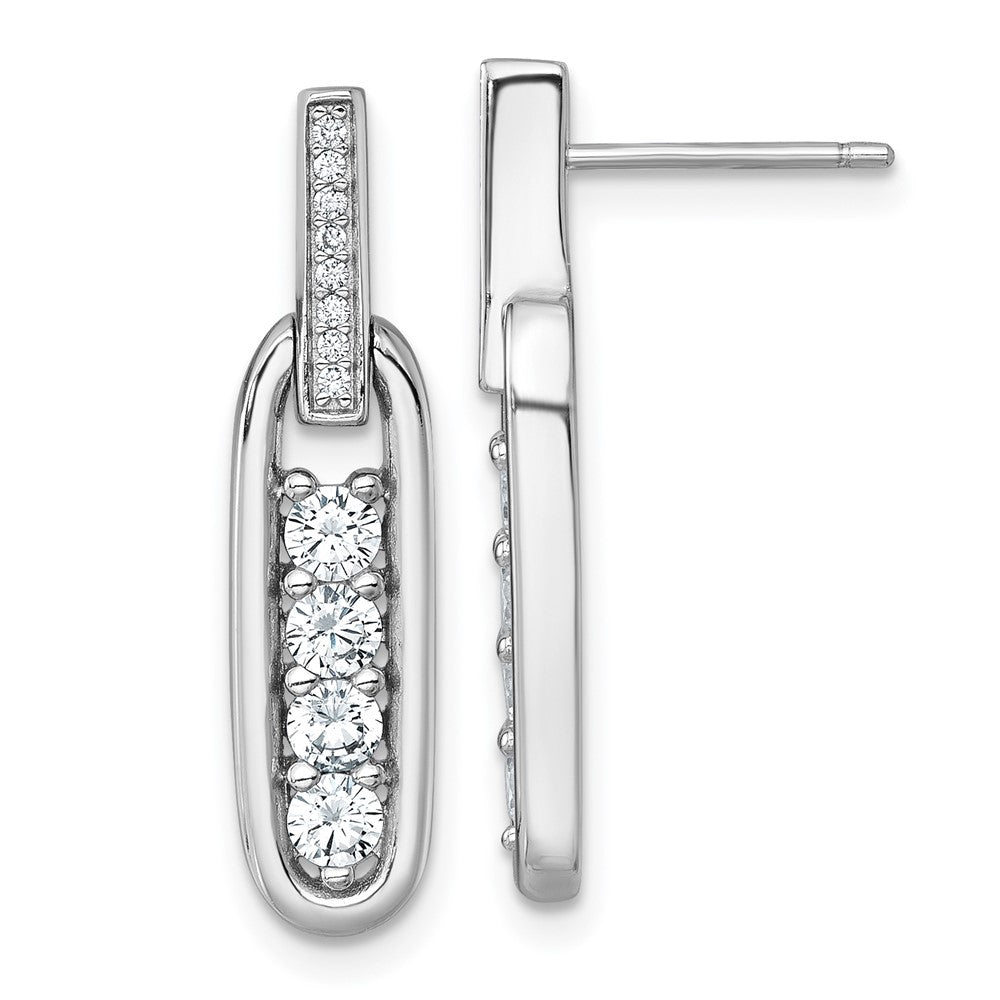 QG7151E Sterling Silver Rhodium-plated Polished CZ Elongated Oval Post Dangle Earrings