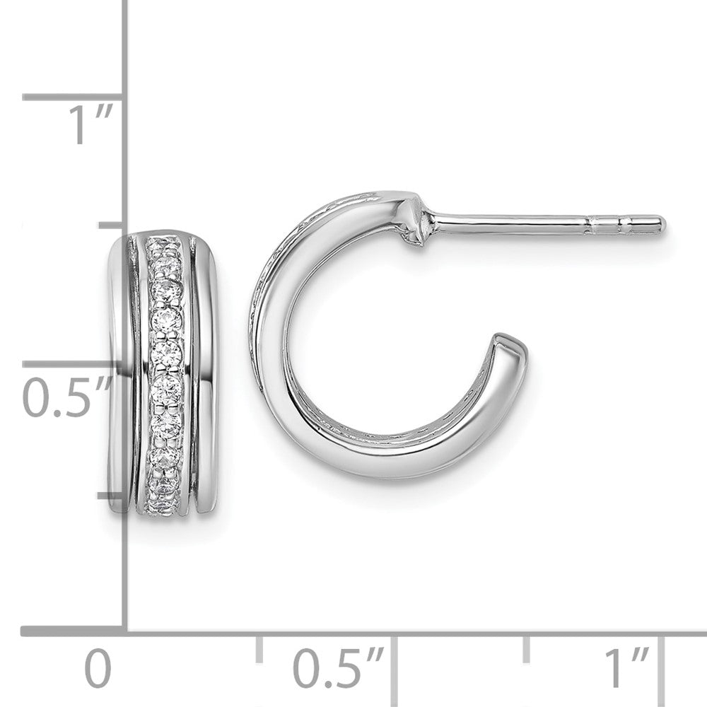 QG7155E Sterling Silver Rhodium-plated Polished White CZ J-Hoop Post Earrings