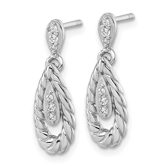 QG7157E Sterling Silver Rhodium-plated Polished CZ Twisted Teardrop Dangle Post Earrings