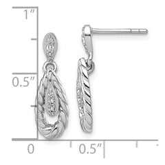 QG7157E Sterling Silver Rhodium-plated Polished CZ Twisted Teardrop Dangle Post Earrings