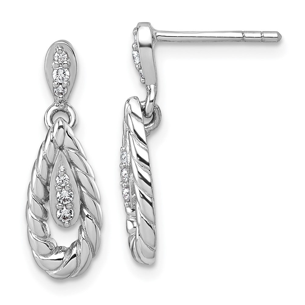 QG7157E Sterling Silver Rhodium-plated Polished CZ Twisted Teardrop Dangle Post Earrings