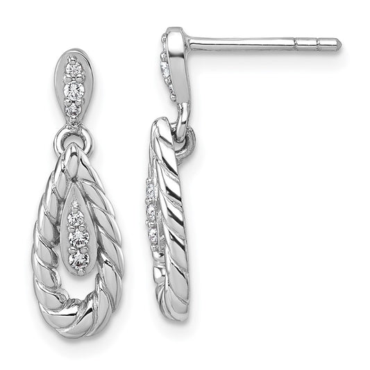 QG7157E Sterling Silver Rhodium-plated Polished CZ Twisted Teardrop Dangle Post Earrings
