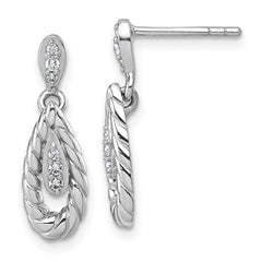 QG7157E Sterling Silver Rhodium-plated Polished CZ Twisted Teardrop Dangle Post Earrings