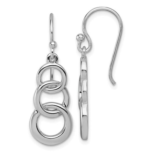 QG7158E Sterling Silver Rhodium-plated Polished Triple Circle Dangle Shepherd Hook Earrings