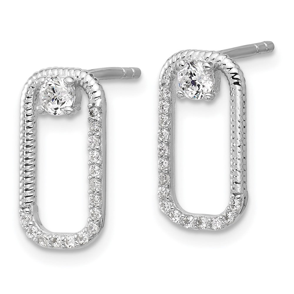 QG7165E Sterling Silver Rhodium-plated CZ Textured Rectangle Post Earrings