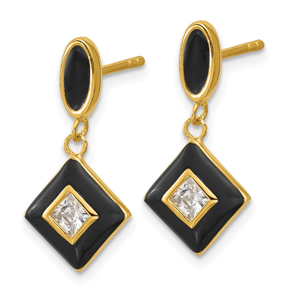QG7169E Sterling Silver Gold-plated CZ and Black Enameled Dangle Post Earrings