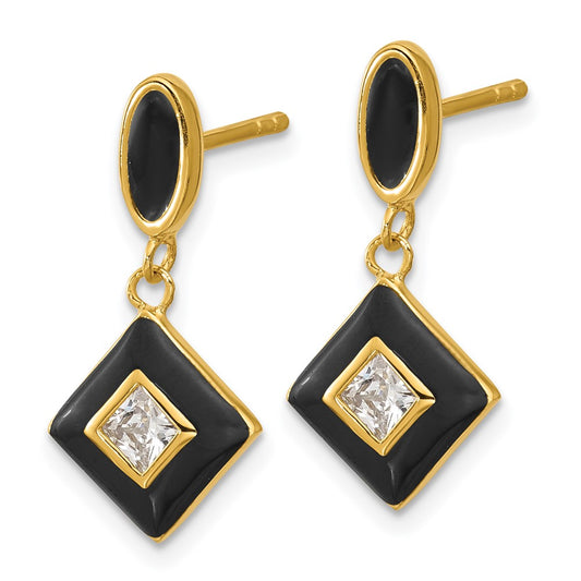 QG7169E Sterling Silver Gold-plated CZ and Black Enameled Dangle Post Earrings