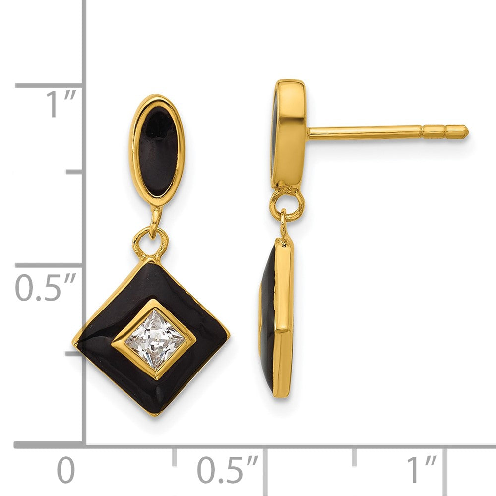 QG7169E Sterling Silver Gold-plated CZ and Black Enameled Dangle Post Earrings