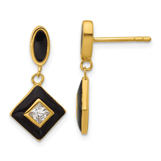 QG7169E Sterling Silver Gold-plated CZ and Black Enameled Dangle Post Earrings