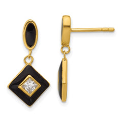 QG7169E Sterling Silver Gold-plated CZ and Black Enameled Dangle Post Earrings