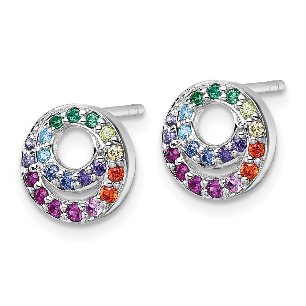 QG7173E Sterling Silver Rhodium-plated Polished Rainbow CZ Double Circle Post Earrings