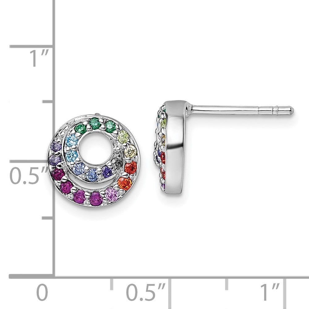 QG7173E Sterling Silver Rhodium-plated Polished Rainbow CZ Double Circle Post Earrings