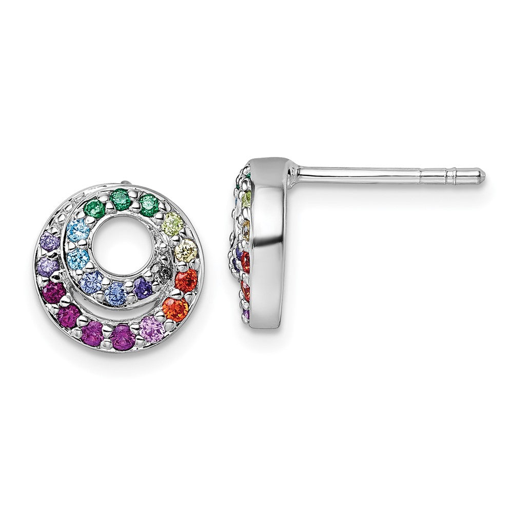 QG7173E Sterling Silver Rhodium-plated Polished Rainbow CZ Double Circle Post Earrings