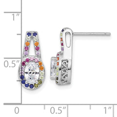 QG7174E Sterling Silver Rhodium-plated Polished Multi-color Rainbow CZ Oval Halo Post Earrings