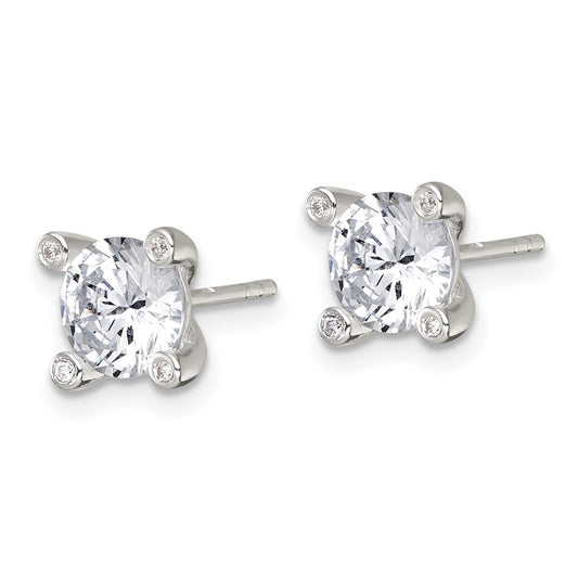 QG7175E Sterling Silver Polished CZ with 4 CZ Prongs Post Earrings