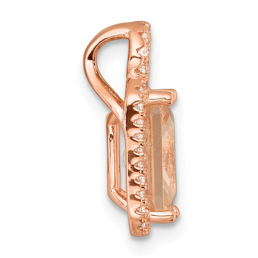 Sterling Silver Rose-tone Polished Pink Glass Stone and CZ Halo Chain Slide Pendant QG7176P