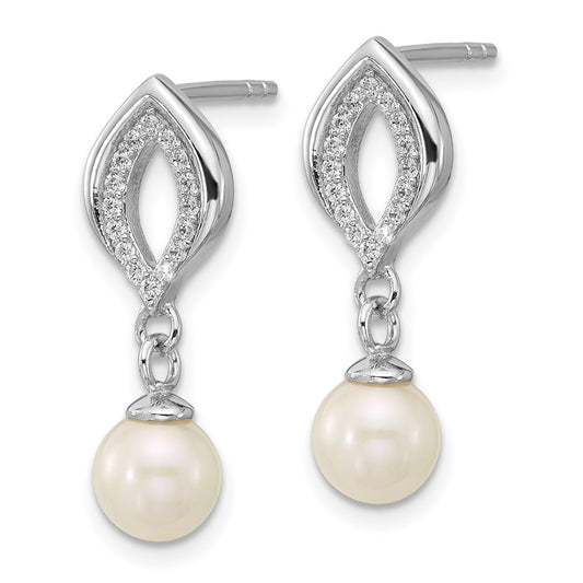 QG7178E Sterling Silver Rhodium-plated Polished CZ and 5-6mm Freshwater Cultured Pearl Dangle Post Earrings
