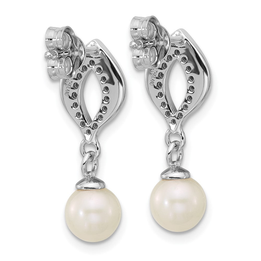 QG7178E Sterling Silver Rhodium-plated Polished CZ and 5-6mm Freshwater Cultured Pearl Dangle Post Earrings