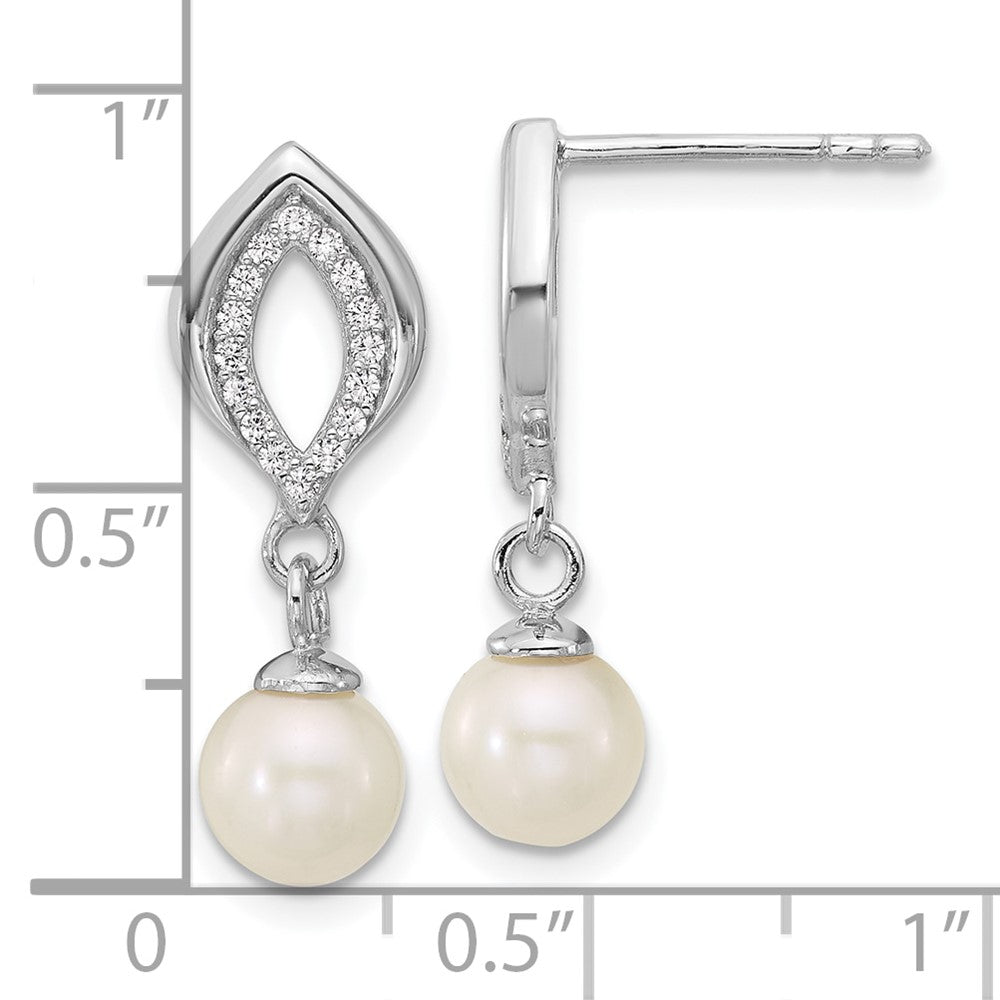 QG7178E Sterling Silver Rhodium-plated Polished CZ and 5-6mm Freshwater Cultured Pearl Dangle Post Earrings