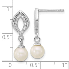 QG7178E Sterling Silver Rhodium-plated Polished CZ and 5-6mm Freshwater Cultured Pearl Dangle Post Earrings