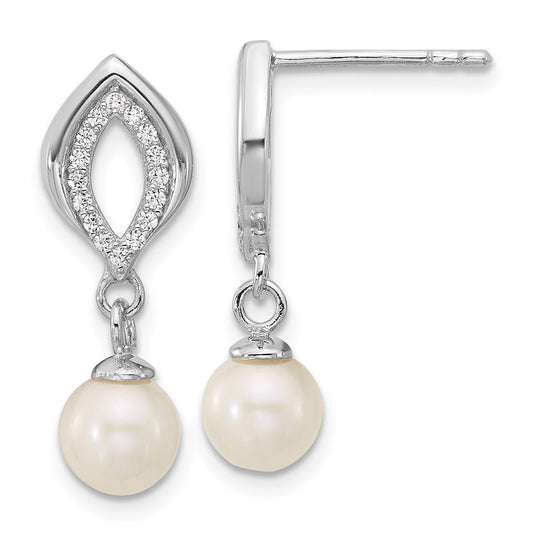 QG7178E Sterling Silver Rhodium-plated Polished CZ and 5-6mm Freshwater Cultured Pearl Dangle Post Earrings