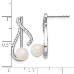 QG7179E Sterling Silver Rhodium-plated Polished CZ and 5-6mm Freshwater Cultured Pearl Swirl Post Earrings