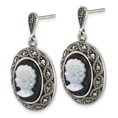 QG7180E Sterling Silver Antiqued Marcasite with Black Agate and Mother of Pearl Cameo Dangle Post Earrings