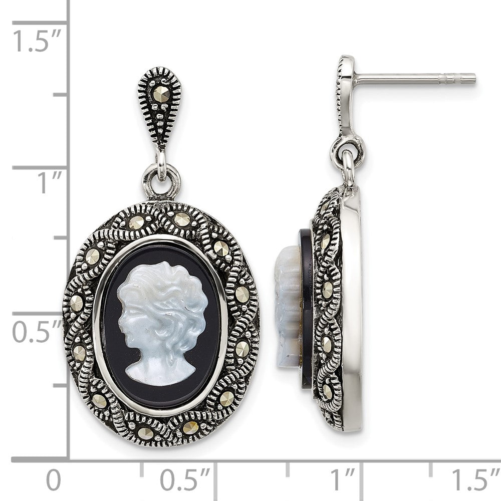 QG7180E Sterling Silver Antiqued Marcasite with Black Agate and Mother of Pearl Cameo Dangle Post Earrings