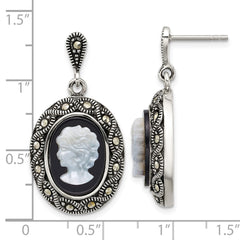 QG7180E Sterling Silver Antiqued Marcasite with Black Agate and Mother of Pearl Cameo Dangle Post Earrings