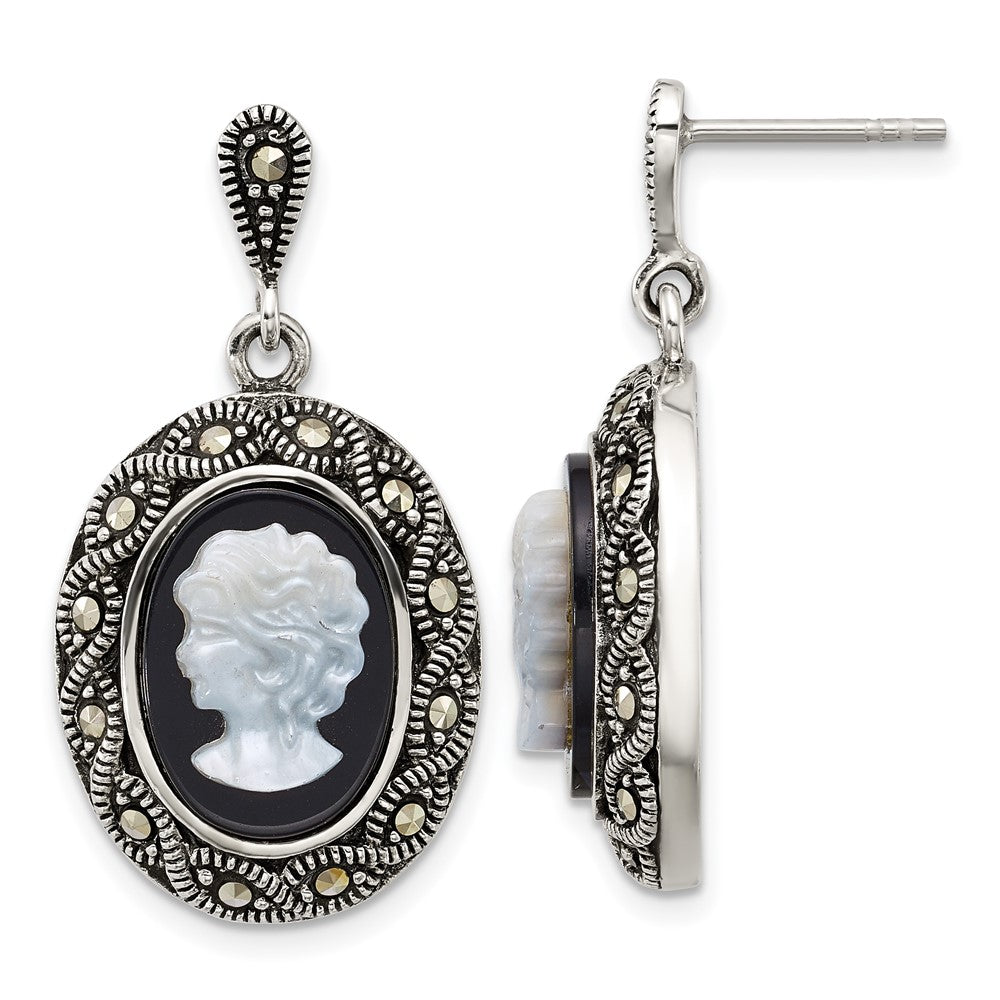 QG7180E Sterling Silver Antiqued Marcasite with Black Agate and Mother of Pearl Cameo Dangle Post Earrings