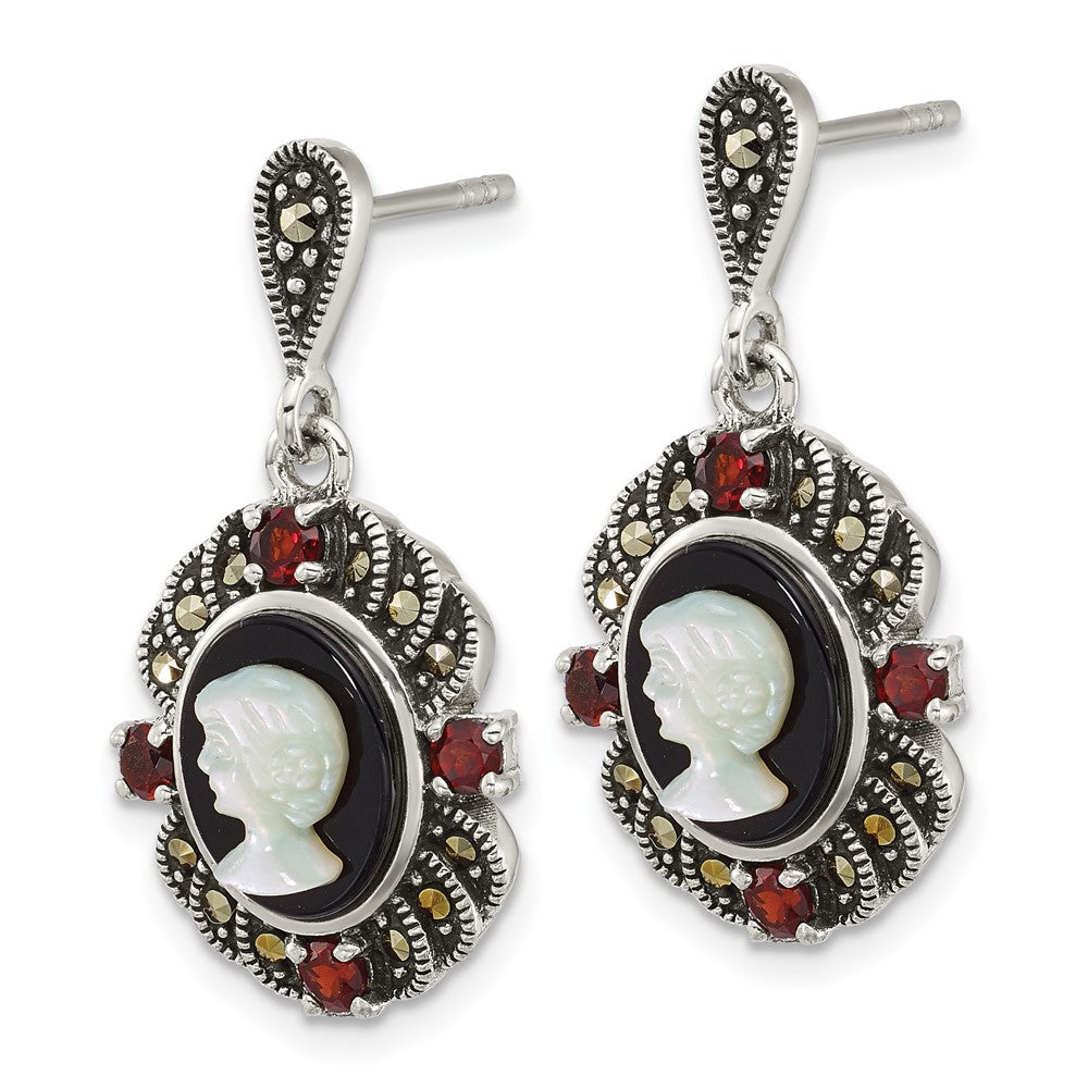 QG7181E Sterling Silver Antiqued Marcasite and Garnet with Black Agate and Mother of Pearl Cameo Dangle Post Earrings