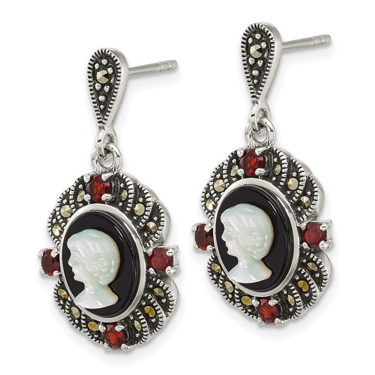 QG7181E Sterling Silver Antiqued Marcasite and Garnet with Black Agate and Mother of Pearl Cameo Dangle Post Earrings