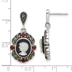 QG7181E Sterling Silver Antiqued Marcasite and Garnet with Black Agate and Mother of Pearl Cameo Dangle Post Earrings