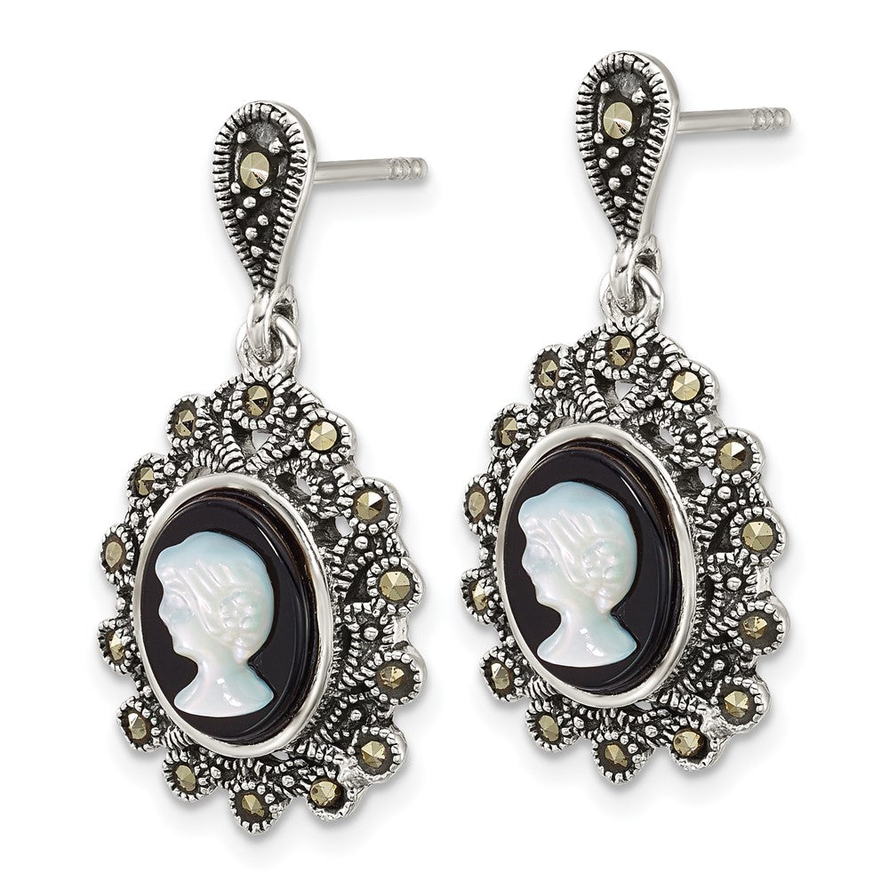 QG7182E Sterling Silver Antiqued Marcasite with Black Agate and Mother of Pearl Cameo Dangle Post Earrings
