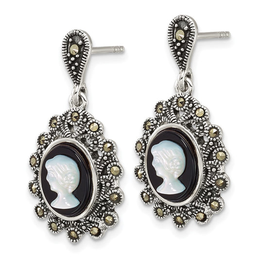 QG7182E Sterling Silver Antiqued Marcasite with Black Agate and Mother of Pearl Cameo Dangle Post Earrings