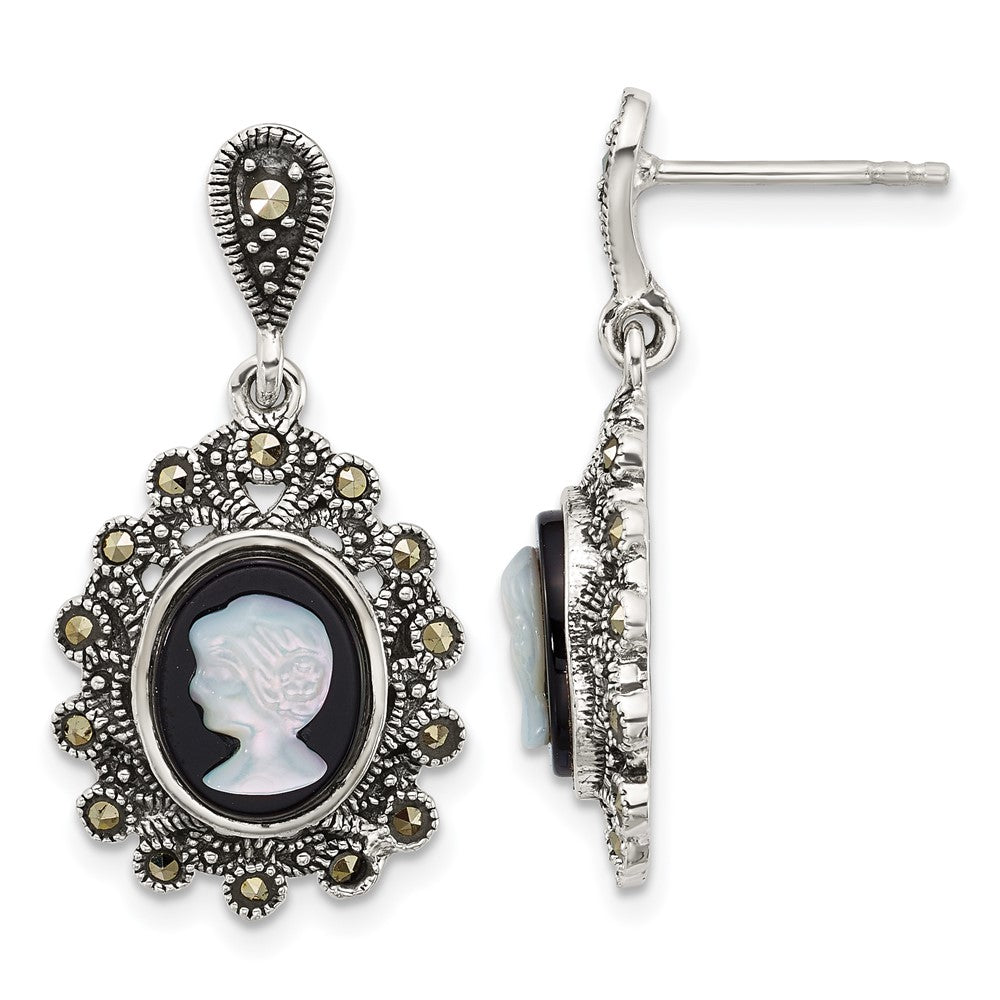 QG7182E Sterling Silver Antiqued Marcasite with Black Agate and Mother of Pearl Cameo Dangle Post Earrings