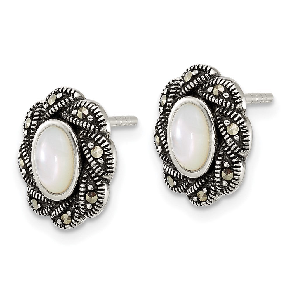 QG7183E Sterling Silver Antiqued Marcasite and Mother of Pearl Oval Fancy Post Earrings