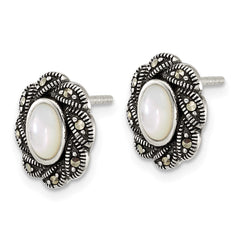 QG7183E Sterling Silver Antiqued Marcasite and Mother of Pearl Oval Fancy Post Earrings