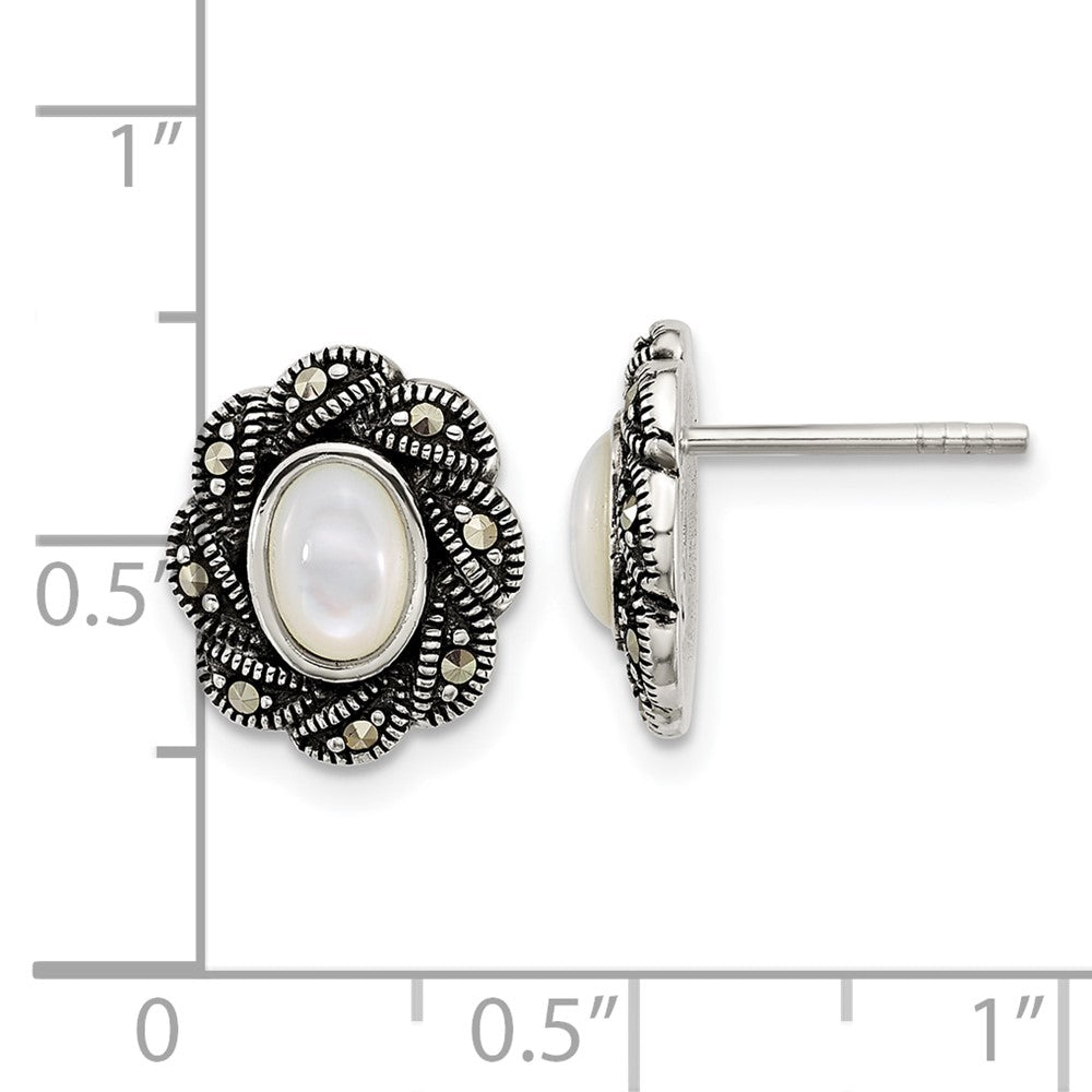 QG7183E Sterling Silver Antiqued Marcasite and Mother of Pearl Oval Fancy Post Earrings