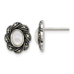 QG7183E Sterling Silver Antiqued Marcasite and Mother of Pearl Oval Fancy Post Earrings