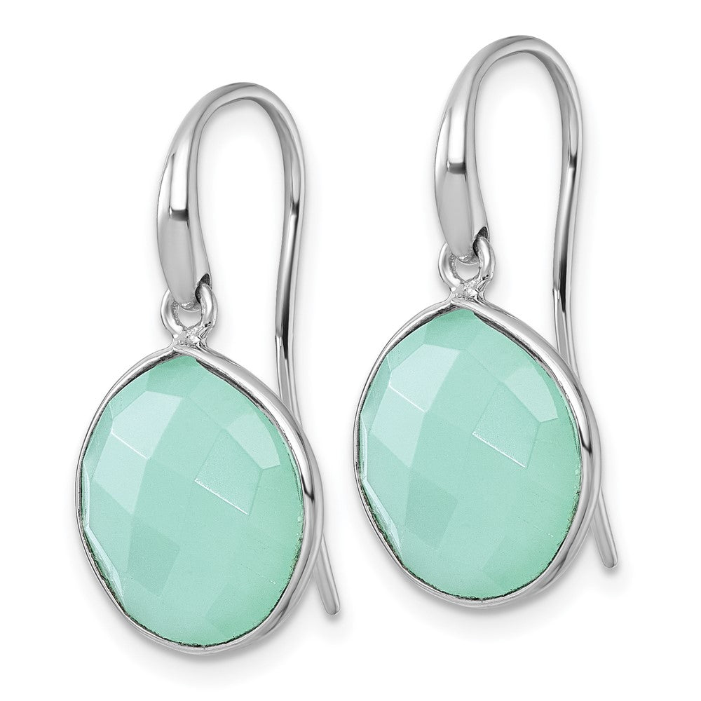 QG7184E Sterling Silver Rhodium-plated Polished Round Checker-cut Green Chalcedony Shepherd Hook Earrings