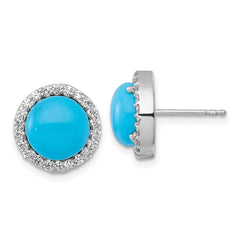 QG7185E Sterling Silver Rhodium-plated Polished CZ Halo and Reconstituted Turquoise Cabochon Circle Post Earrings